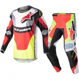 KIT CALCA CAMISA ALPINESTARS FLUID AGENT 23 PRETO VERMELHO AMARELO FLUO